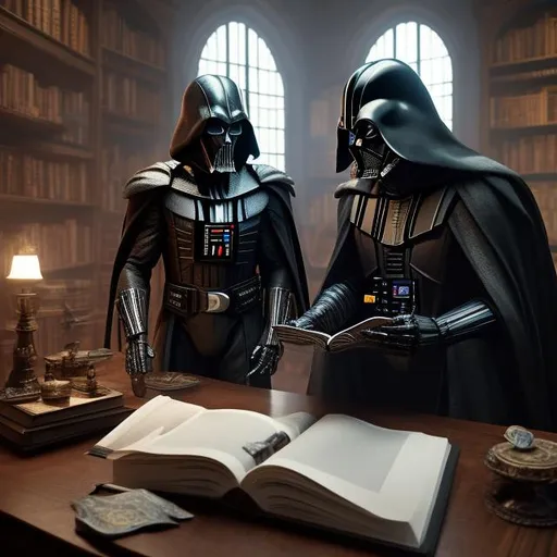 Prompt: Cinematic film still :: Skeletor and Darth Vader reading books together, stacks of books on table and on shelves in background :: photorealistic, intricate detail, 8k resolution, volumetric lighting, DSLR