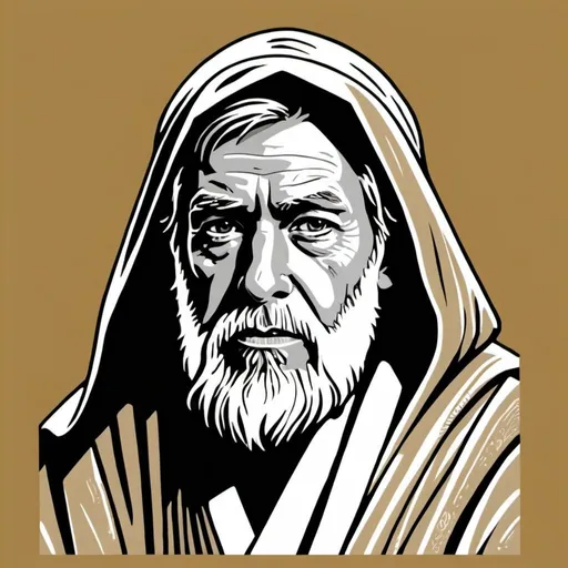 Prompt: Old Ben Kenobi, linocut, digital art, simple, 32k Resolution.