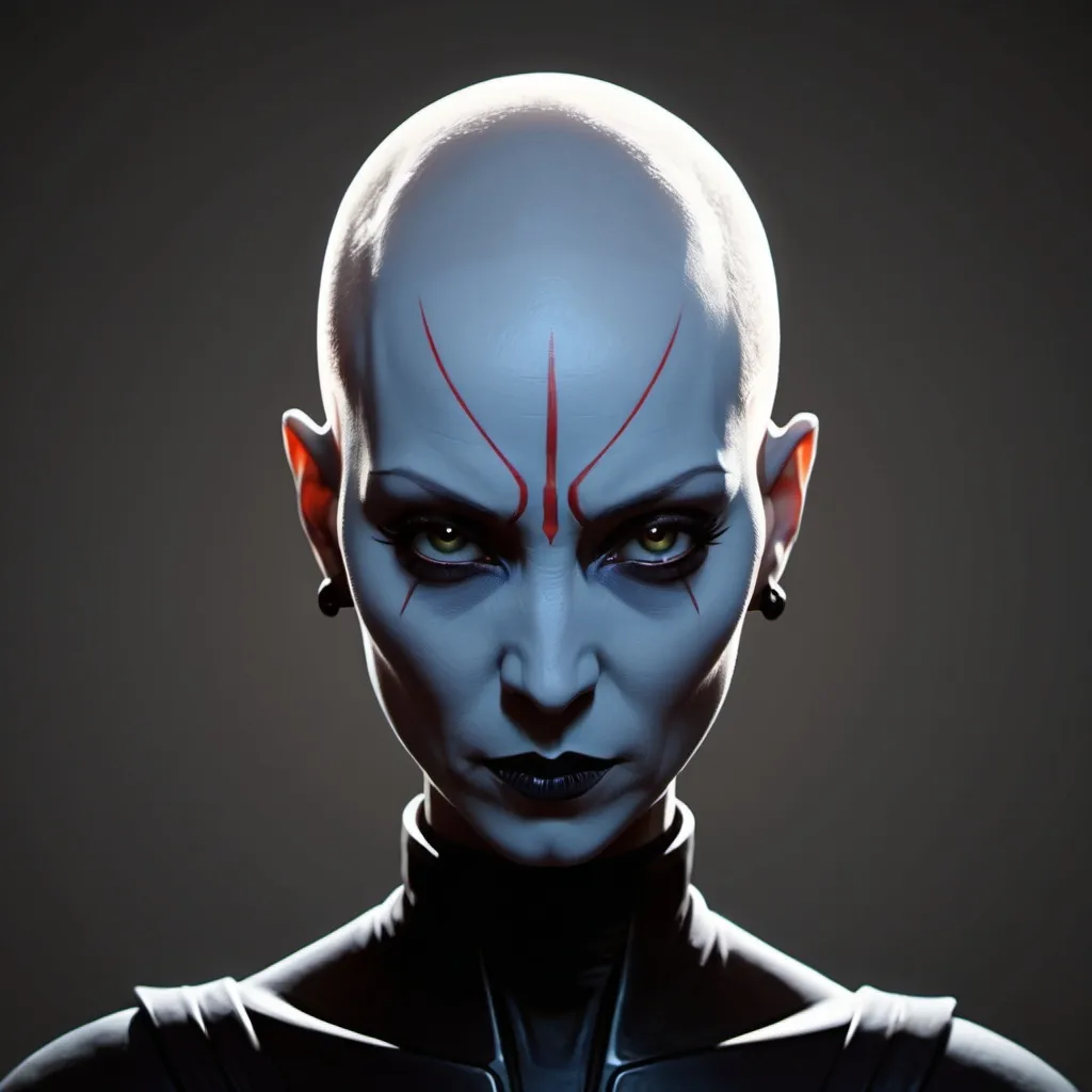 Prompt: stylized, flat, simple background, shadow silhouette, asajj ventress (COMPLETELY BALD!), dichromatic, 32k resolution, molecular precision, ultra sharp focus.