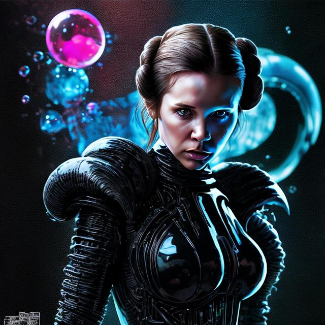 Prompt: (princess leia black symbiote xenomorph) from star wars taking a black liquid stellar magical bath on bioluminescent black glow milky way death star, explosion of soap bubbles, soft lighting, sharp focus, by Marc Simonetti & Yoji Shinkawa & WLOP, paint drops, rough edges, trending on artstation, studio photo, intricate details, highly detailed