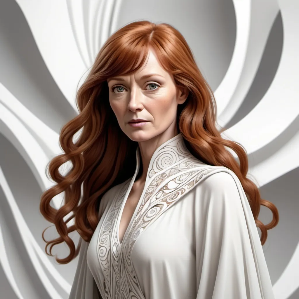 Prompt: "Mon Mothma with light skin, really long wavy/curly auburn hair flowing around her, wearing modern clothes. white background."
Weight:1   

"abstract vector fractal, wave function, Zentangle, 3d shading, 32k resolution."
Weight:0.9