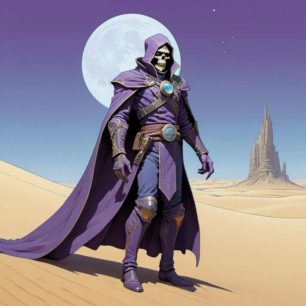 Prompt: high resolution illustration, Dishonored SDXL, D_Hstyle, Moebius (Jean Giraud) Style page, (in the style of Dishonored:0.6), A vast desert with silvery dunes and Skeletor, with a crescent moon crown and a flowing purple cape, purple and light blue, in the style of Jean Giraud, in the style of Moebius,, 32k resolution, molecular precision, ultra sharp focus.