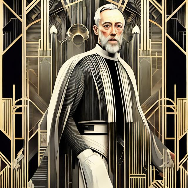 Prompt: "Full Body Shot of Old Ben Kenobi (Alec Guiness), Intricate and geometric designs inspired by Art Deco movement's iconic shapes and patterns with stylish illustrations showcasing the sleek glamour and sophistication synonymous with Art Deco architecture and fashion and Detailed portrayals of Art Deco interiors, emphasizing the lavishness and modernity of the era, hyperdetailed by Carl Krull" Weight:1 "ugly, tiling, poorly drawn hands, poorly drawn feet, poorly drawn face, out of frame, extra limbs, disfigured, deformed, body out of frame, blurry, bad anatomy, blurred, watermark, grainy, signature, cut off, draft" Weight:-0.3 "detailed matte painting, deep color, fantastical, intricate detail, splash screen, complementary colors, fantasy concept art, 8k resolution trending on Artstation Unreal Engine 5" Weight:0.9