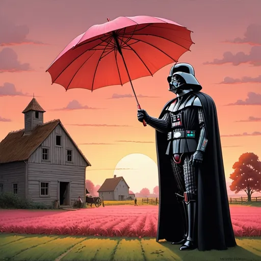 Prompt: Breathtaking cartoon of Darth Vader with a red umbrella, dawn on an early 19th century Germany farm, silhouettes of the workers, pink, orange, gold, (by Gary Larson:1.3), (illustration:1.3), masterpiece, breathtaking illustration, 32k resolution, molecular precision, ultra sharp focus.