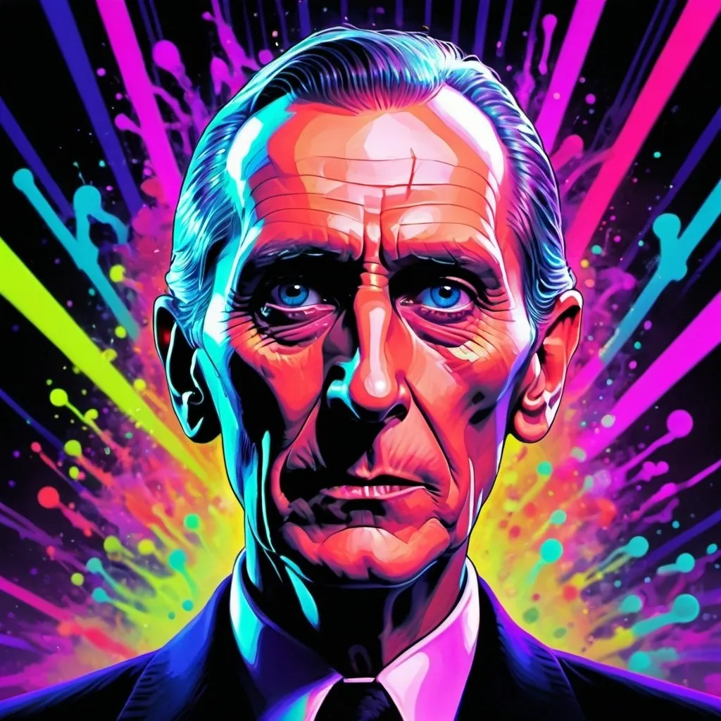 Prompt: Bold neon colors, mechanical-style illustration depicting Grand Moff Tarkin experiencing hallucinations, in a psychedelic state, splash art with splattered neon colors, (iridescent glowing smoke) ((motion effects)), best quality, wallpaper art, Ultra HD, centered image, MSchiffer art, ((flat colors)), (cartoon style) with very bold neon colors, ((high saturation)) ink lines, psychedelic environment. Close-up angle, with blurred, high-speed moments around her, as if time were frozen. 32k resolution, molecular precision, ultra sharp focus.