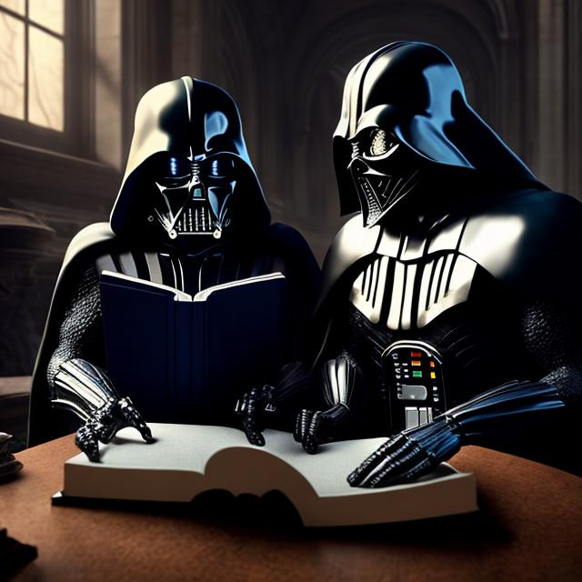 Prompt: Cinematic film still :: Skeletor and Darth Vader reading books, books. intricate details, HDR, beautifully shot, hyperrealistic, sharp focus, 64 megapixels, perfect composition, high contrast, cinematic, atmospheric, moody