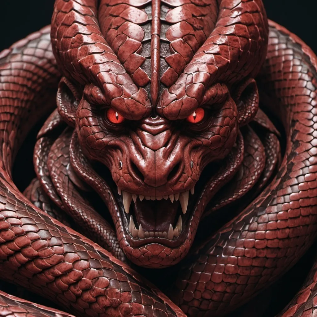 Prompt: (close-up old drawing of the snake king), building, Dark sienna and Blood red highlights, 32k resolution, molecular precision, ultra sharp focus