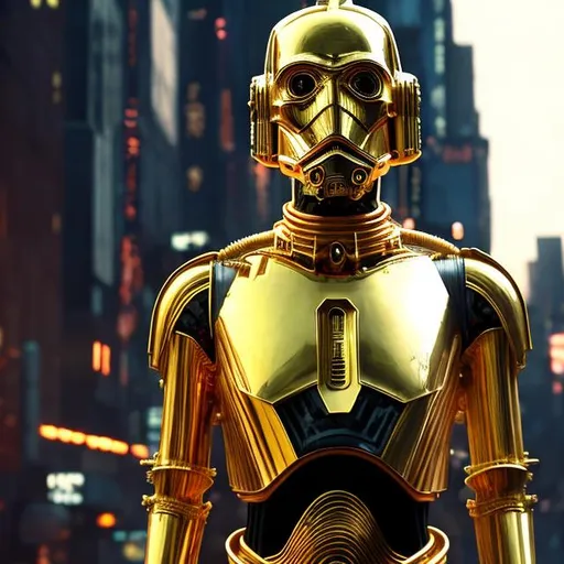 Prompt: Cyber punk C3PO wearing golden stormtrooper head and C-3PO body with intricate mech details, full body, ground level shot, 8K resolution, Cinema 4D, Behance HD, polished metal, Unreal Engine 5, rendered in Blender, sci-fi, futuristic, trending on Artstation, epic, cinematic background, dramatic, atmospheric intricate mech details, ground level shot, 8K resolution, Cinema 4D, Behance HD, polished metal, Unreal Engine 5, rendered in Blender, sci-fi, futuristic, trending on Artstation, epic, cinematic background, dramatic, atmospheric graffiti art, splash art, street art, spray paint, oil gouache melting, acrylic, high contrast, colorful polychromatic, ultra detailed, ultra quality, CGSociety