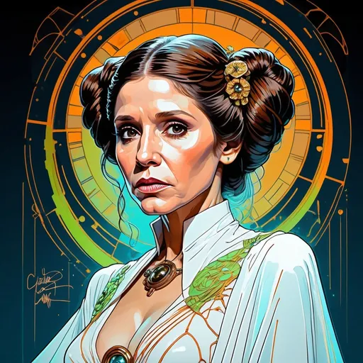 Prompt: Hyperintricate art nouveau, baroque, stunning caricature sketch of Princess Leia, white gown, hope, inspirational, freedom, ultrarealism, hyperdetail vantablack on sky blue with chartreuse and neon glow orange lines photoluminescent by Ken dallmier in the style of Carne Griffiths and James Christensen
