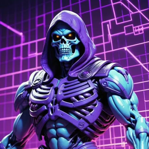 Prompt: Skeletor, light blue glowing outlines, purple background, grid, cyberpunk, 1980s, retro, scifi, city, mad-cyberspace, 32k resolution, molecular precision, ultra sharp focus.