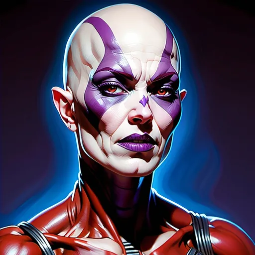 Prompt: Asajj Ventress (COMPLETELY BALD! PALLID AND PALE SKIN!) with a very muscular body, large biceps, large triceps, and abs muscles, broad and strong shoulders, wearing tight, red and purple mini sporty attire. She has a strong and athletic physique, staring with a little smirk, posing standing outdoor. 
comic art in the style of frank frazetta and julie bell
32k resolution, molecular precision, ultra sharp focus."
Weight:0.9