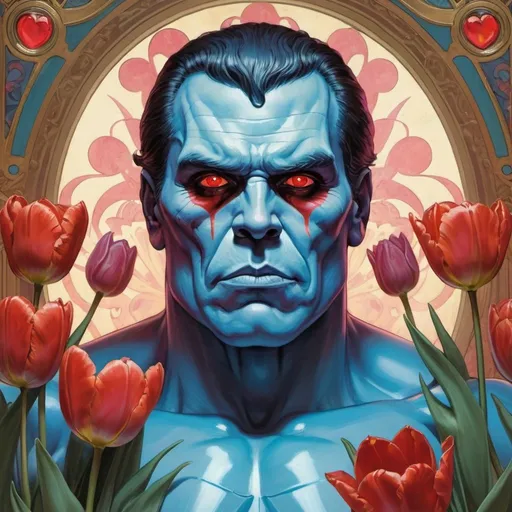 Prompt: "Andre and the Giant as Thrawn with glowing red eyes, wearing Skeletor armor with tulips and hearts in the background, detailed head and shoulders portrait, Alfons Mucha, Greg Rutkowski"