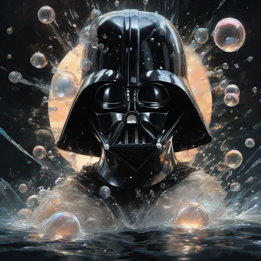 Prompt: (darth vader) from star wars surrounded a black liquid stellar magical bath on bioluminescent black glow milky way death star, explosion of soap bubbles, soft lighting, sharp focus, by Marc Simonetti & Yoji Shinkawa & WLOP, paint drops, rough edges, trending on artstation, studio photo, intricate details, highly detailed
