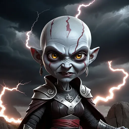 Prompt: "an aggressive but cute exaggerated Asajj Ventress in the style of an ogre with caricatured features, huge slanted eyes, a sinister atmosphere and stormy lightning background, hyper-maximalism, hyperdetailed, photorealistic, Insane close-up, high-speed action camera, ultra-wide-angle lens, intricate textures, final render, representing a masterful piece of dark fantasy concept art"