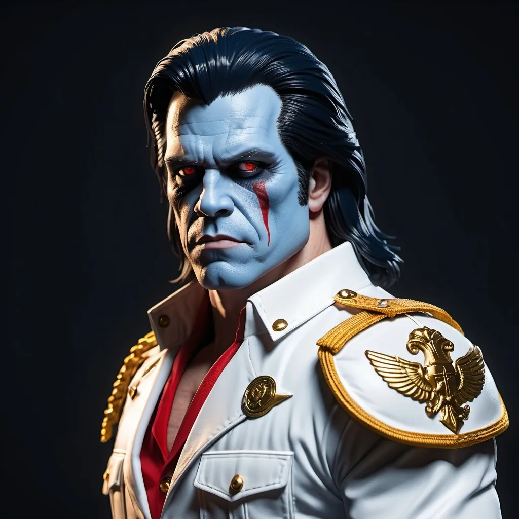 Prompt: Glenn Danzig (COMPLETELY BLUE SKIN! COMPLETELY RED EYES!), Full body dynamic pose, white military tunic with golden epaulets, 32k resolution, molecular precision, ultra sharp focus.