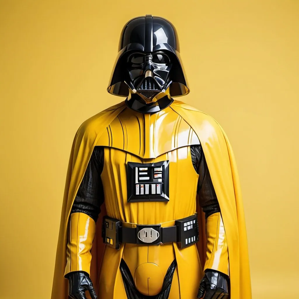 Prompt: A yellow Darth Vader wearing yellow suit. Darth Vader is colored yellow. He stands in a studio background, Clean, yellow