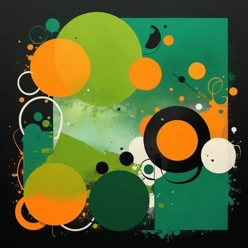 Prompt: 4n1v3rs3, zPDXL2, (Venice city silhouette), abstract green, orange, and black artwork in the style of Kandinsky with circles and dots against a dark background with dark tones, orange highlights, and green paint splashes framed against a dark orange background in a graffiti style on a dark green background, SimplePositiveXLv2. 32k resolution, molecular precision. ultra sharp focus.