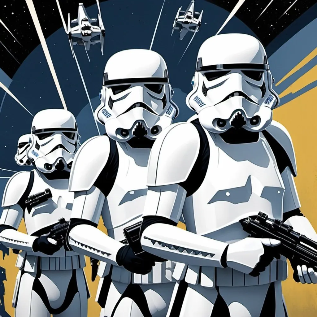 Prompt: Art Deco Poster Style, Detailed, dull blue black yellow poster colors, Army Poster for the Star Wars Empire featuring Storm Troopers