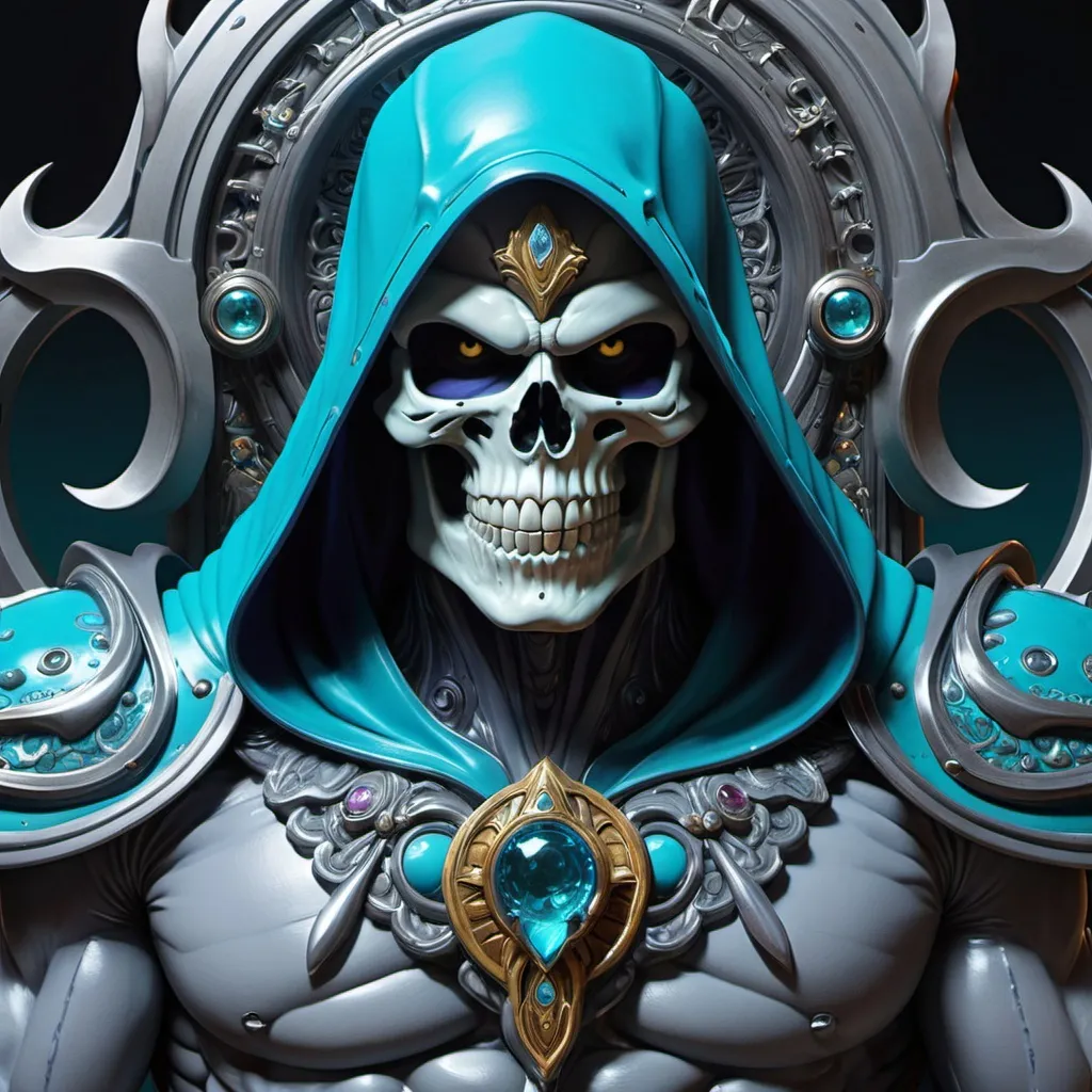 Prompt: "photorealistic portraits in a triptych of Skeletor from surreal imagery and 3d renderings, in the style of paint dripping technique, gray and aquamarine, intricate underwater worlds, panfuturism, art nouveau organic flowing lines, fluid geometry, freehand painting"
Weight:1   

"detailed matte painting, deep color, fantastical, intricate detail, splash screen, complementary colors, fantasy concept art, 16k resolution trending on Artstation Unreal Engine 5"
Weight:0.9