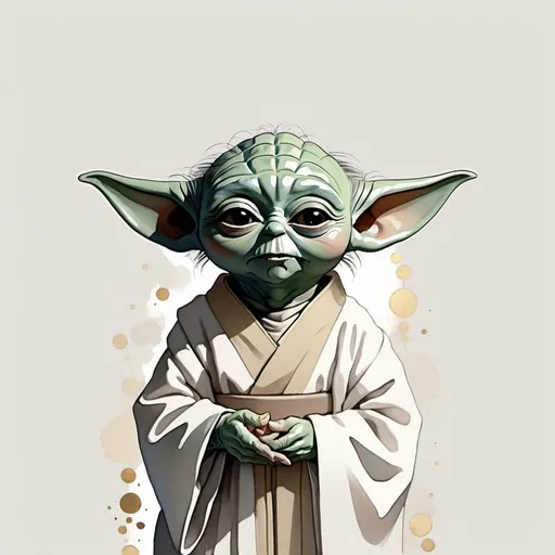 Prompt: An exquisite minimalist illustration showcases a serene and delicate young Yoda, exuding tranquility in her pose and expression. With a soft color palette of light grey, off-white, subtle gold, and blue, the design emanates modern minimalism. The subject, adorned in fashionable attire, is portrayed with clean lines and an ethereal quality, capturing the essence of refined elegance. The background is minimal and harmonic, allowing the subject to be the focal point of the captivating artistic poster. Watercolor, trending on artstation, sharp focus, studio photo, intricate details, highly detailed, by greg rutkowski. 32k resolution, molecular precision.