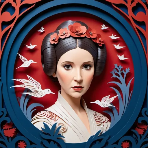 Prompt: An enchanting cut-paper animation brings to life Princess Leia, séduisante et magnifique sirène du conte d’andersen. Each delicate detail, meticulously shaped from paper, unfolds before your eyes. The intricate paper scenes blend vibrant, intense hues of scarlet red, sepia orange, and metallic blue with the ancient art of paper cutting, capturing la beauté du personnage et l’univers fantastique d’Andersen. This mesmerizing animation captivates viewers with its exquisite precision and impressive artistry. The atmosphere is breathtaking and cinematic, with intricate details and fantastical realism. Truly a masterpiece, meticulously crafted and beautifully staged.
