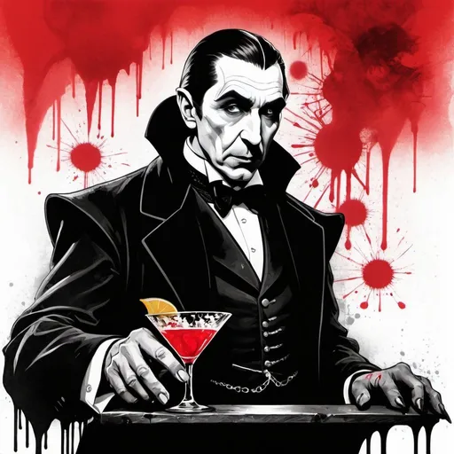 Prompt: (Silhouette:1.3), (Profile: 1.3), Bela Lugosi as Count Dracula, (bartending:1.3), whimsical illustration, graffiti styled, wet washed, black smoke, best quality, close up, rough, sketch, bold heavy lines, highly stylized, Japanese ink, splash art, red paint splash, ink droplets, hand drawn, epic background.