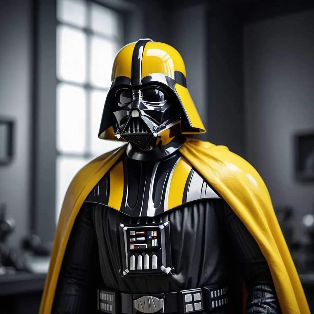 Prompt: "A yellow Darth Vader wearing yellow suit. Darth Vader is colored yellow." 
Weight:1.3
"The yellow Darth Vader stands in a studio background with clean walls painted yellow.
Weight:1.2
"Background is yellow."
Weight:1.1
"intricate details, HDR, beautifully shot, hyperrealistic, sharp focus, 64 megapixels, 16k resolution, shot on DSLR, perfect composition, molecular precision, high contrast, cinematic, atmospheric, moody, photorealistic, hyper detailed, tilt shift, cinematic color film still. UHD.”
Weight:1