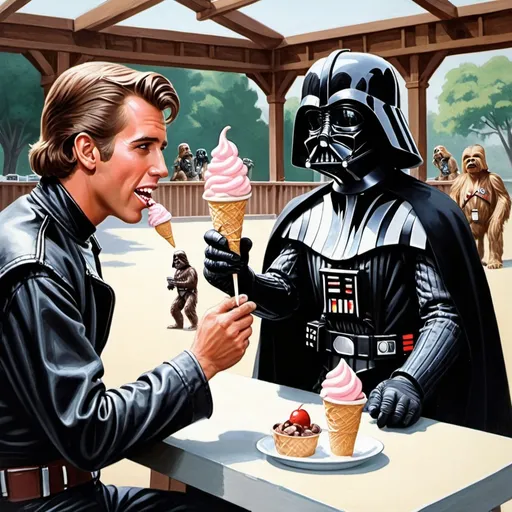 Prompt: Fonzie (Happy Days) and Darth Vader (A New Hope) eating ice cream, background zoo, gouache detailed painting, 1950s