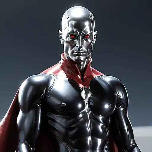 Prompt: (silver surfer wearing a black leather coat with red collar and lapels:1.45), standing with Cobra Commander, scowling, silver, titanium, steal, reflecting