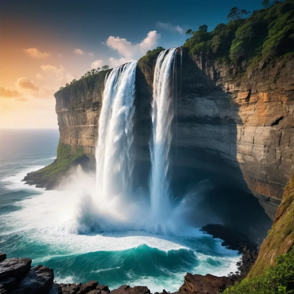 Prompt: epic gigantic beautiful waterfall on a cliff into the ocean, long exposure, lots of splash, bokeh, 32k resolution, molecular precision, ultra sharp focus."
Weight:1.2