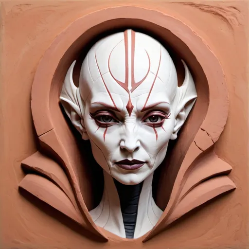 Prompt: terra cotta bas relief of Asajj Ventress art by MOmMA, minimal color