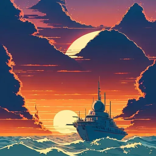 Prompt: Studio Ghibli-evoking illustration, silhouette of a Star Destroyed (Star Wars) emerging powerfully from the ocean's depths, its gaze fixated on a solitary boat in the horizon, anticipation of imminent devourment hanging in the air, ocean waves crashing around its towering figure, setting sun casting long shadows, boat silhouette against orange-pink sky, surreal, detailed, hand-drawn, traditional Japanese animation style, rich colors, dramatic lighting, high contrast, 2D.
