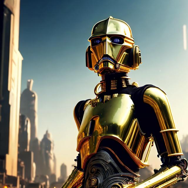 Prompt: Cyber punk C3PO wearing golden stormtrooper head and C-3PO body with intricate mech details, full body, ground level shot, 8K resolution, Cinema 4D, Behance HD, polished metal, Unreal Engine 5, rendered in Blender, sci-fi, futuristic, trending on Artstation, epic, cinematic background, dramatic, atmospheric intricate mech details, ground level shot, 8K resolution, Cinema 4D, Behance HD, polished metal, Unreal Engine 5, rendered in Blender, sci-fi, futuristic, trending on Artstation, epic, cinematic background, dramatic, atmospheric graffiti art, splash art, street art, spray paint, oil gouache melting, acrylic, high contrast, colorful polychromatic, ultra detailed, ultra quality, CGSociety