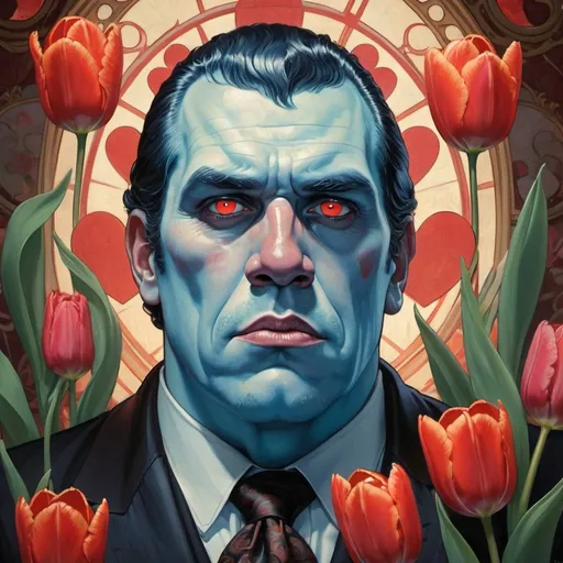 Prompt: "A Portrait of Andre and the Giant as Thrawn with glowing red eyes, with tulips and hearts in the background, detailed head and shoulders portrait, Alfons Mucha, Greg Rutkowski"