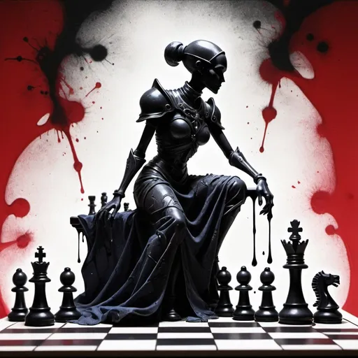 Prompt: (Silhouette:1.3), (Profile: 1.3), Asajj Ventress as Queen piece and Skeletor as a knight piece on a Chess board, (chess pieces:1.3), whimsical illustration of a world based in a chess game, graffiti styled, wet washed, black smoke, best quality, close up, rough, sketch, bold heavy lines, highly stylized, Japanese ink, splash art, red paint splash, ink droplets, hand drawn, epic background., 32k resolution, molecular precision.