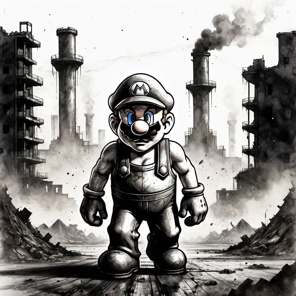 Prompt: Rugged Super Mario scouring the desolate wasteland for resources. Burning dystopian buildings. Wet grunge black ink abstract shape brush mark on white watercolor paper sketch illustration, 32k resolution, molecular precision, sharp focus