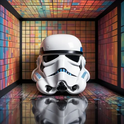 Prompt: "Box Geometric ,perfect boxes, optical illusion, intricate details, highly detailed, ,mirror reflection of a stormtrooper pixilated influenced by Frank Loyd Wright color explosion forms a woman in a glass 3D box 4D graph paper squares"
Weight:1   

"Hyperrealistic, splash art, concept art, mid shot, intricately detailed, color depth, dramatic, 2/3 face angle, side light, colorful background, 32k resolution, molecular precision, ultra sharp focus."
Weight:0.9 