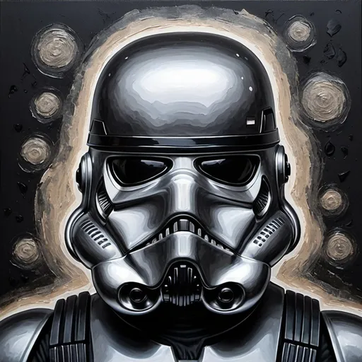 Prompt: Stunning moody acrylic painting of an emotionally charged human portrait, tense, anguished, prompt by McKay, textured impasto, minimalism, thick and heavy strokes, gritty, sublime, aged, exotic, emotional, magical, elegant, gorgeous, the face is Black Stormtrooper helmet, majestic, mysterious, strongly lit, swirling, beautiful, shimmering, textured, mixed media, collage, edgy, realistic, moody, odd, strange, mysterious, eye catching, super cool, gossamer, ethereal, fantasy, award winning, hyper detailed face and eyes, highly detailed, beautifully lit, scattered light, sunbeams,