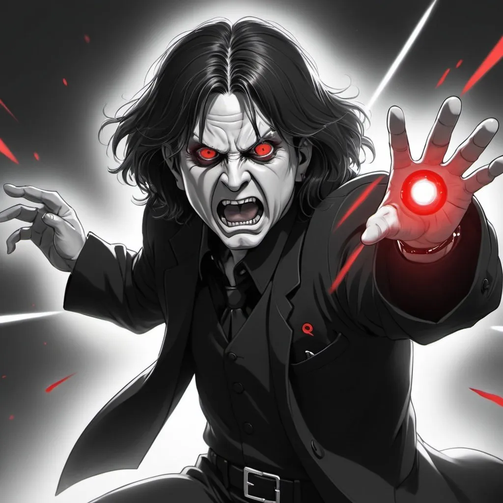 Prompt: Black and white Ozzy Osbourne with glowing red eyes is chasing a red dot and is angry-looking by artist "anime", Anime Key Visual, Japanese Manga, Pixiv, Zerochan, Anime art, Fantia Studio Ghibli, Anime Key Visual, by Makoto Shinkai, Deep Color, Intricate, 8k resolution concept art, Natural Lighting, Beautiful Composition