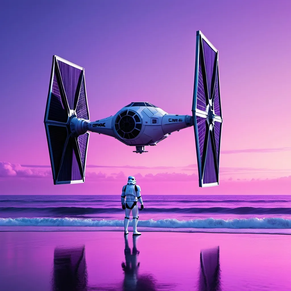 Prompt: 1stormtrooper, zyxch, TIE Fighter, outdoors, ocean, water, scenery, sky, bird, pink background, solo, shadow, purple theme, purple sky masterpiece, newest, absurdres, safe, 32k resolution, molecular precision. ultra sharp focus.