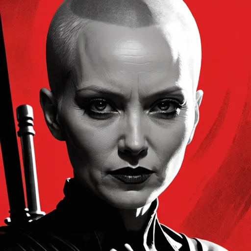 Prompt: a close up of a poster with asajj ventress in a red dress, sin city, by Shinji Aramaki, saul bass, sickly, film still from sin city, by Chip Zdarsky, enthralling :8, by Szymon Czechowicz, in the style saul bass, shifty, by mckadesinsanity, minimal movie posters,