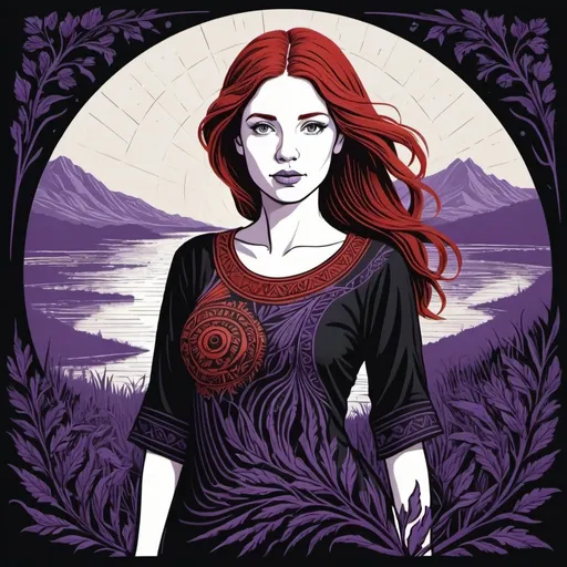 Prompt: "A captivating vector design featuring a meticulously crafted linocut illustration of beautiful Mara in black with red_hair and a purple_tunic. The detailed artwork showcases the natural beauty. The open space around the perfect_composition allows the viewer to appreciate the intricacy and depth of the “golden_ratio” design, while also providing a sense of tranquility and harmony with nature, photo, poster