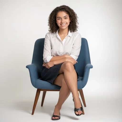 Prompt: a cartoon young woman sitting on a chair with her legs crossed and smiling at the camera, with a white background, Araceli Gilbert, american barbizon school, studio portrait, a stock photo