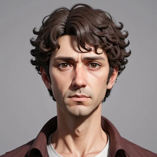 Prompt: create a dad whos 40 years old. He is poor. Hes sad. he has brown dark eyes. Also has short dark brown curly hair. Create him in Anime style