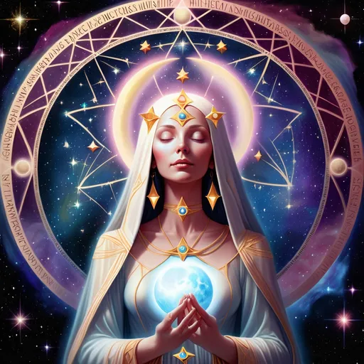 Prompt: divine feminine high priestess stars moon mystical divine sacred geometry pleiadian starseed 