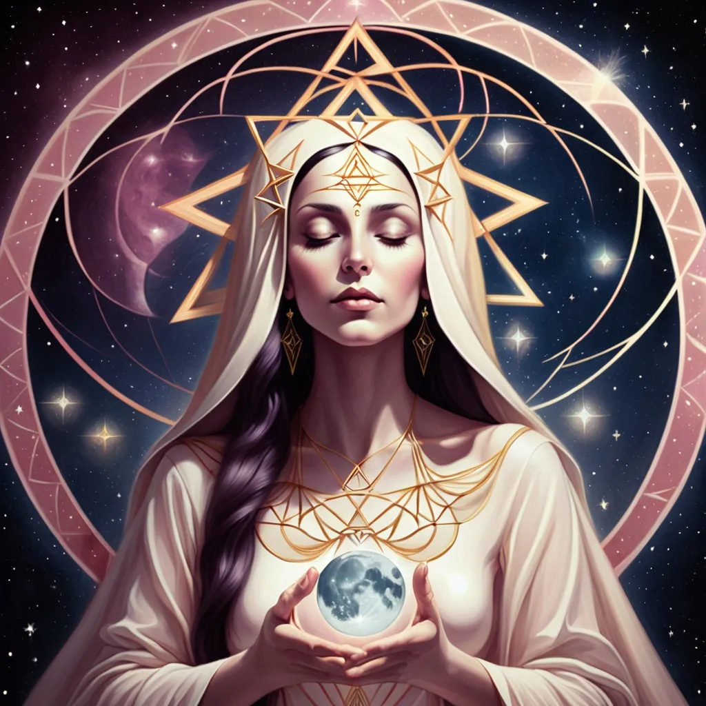 Prompt: divine feminine high priestess stars moon mystical divine sacred geometry 