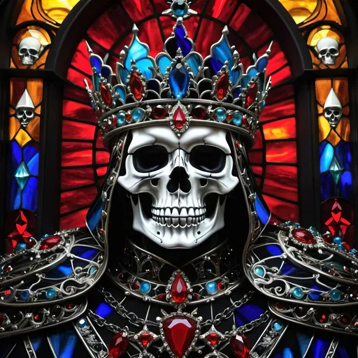 Prompt: God Of Death, Armour Made of Jewels, skull face, godly aura, godly might, dark malice, unholy aura, Unholy Crown