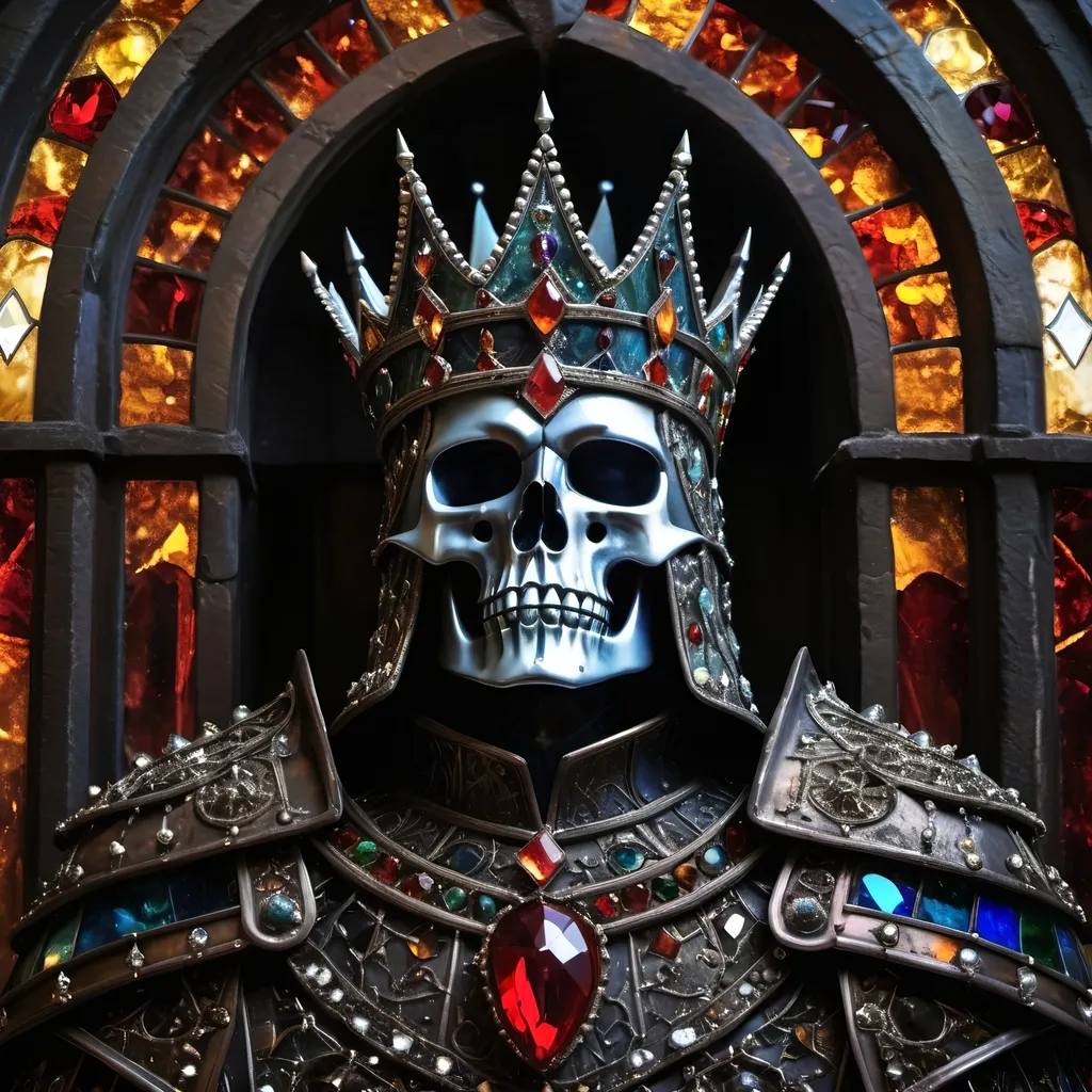 Prompt: God of Death, old weathered armour made of jewels, rusty armour, crown of destruction, lord of death, godly aura, highres, detailed, dark fantasy, ancient, ominous, weathered armor, jewel-encrusted, ancient crown, powerful presence, divine, intense gaze, haunting atmosphere