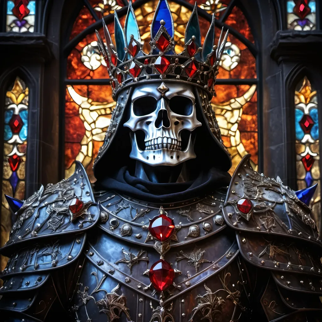 Prompt: God of Death, old weathered armour made of jewels, rusty armour, crown of destruction, lord of death, godly aura, highres, detailed, dark fantasy, ancient, ominous, weathered armor, jewel-encrusted, ancient crown, powerful presence, divine, intense gaze, haunting atmosphere