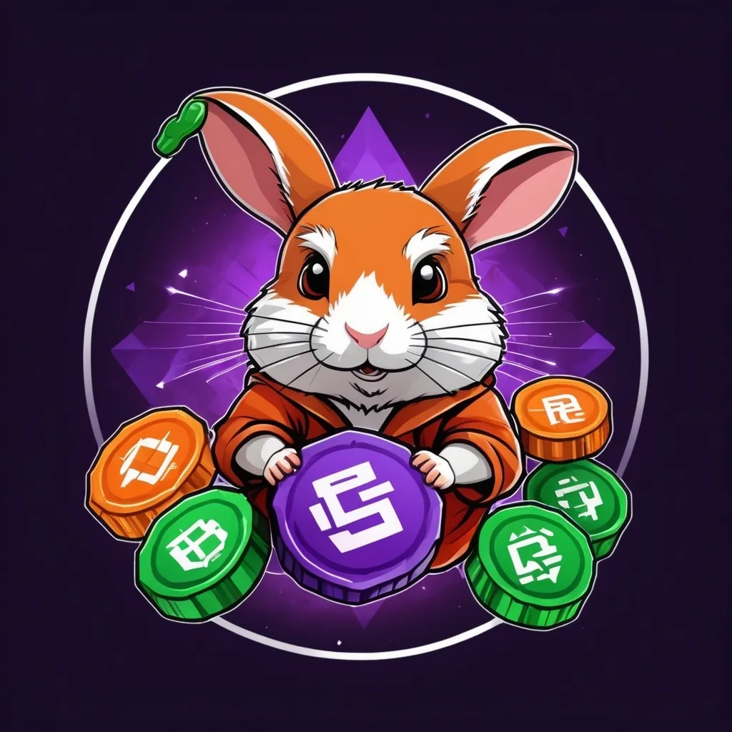 Prompt: A logo with the theme of famous airdrops such as Hamster Kombat Rocky Rabbits Major only use green, white, and red, use crypto coins as well. Use orange-purple colors as well.